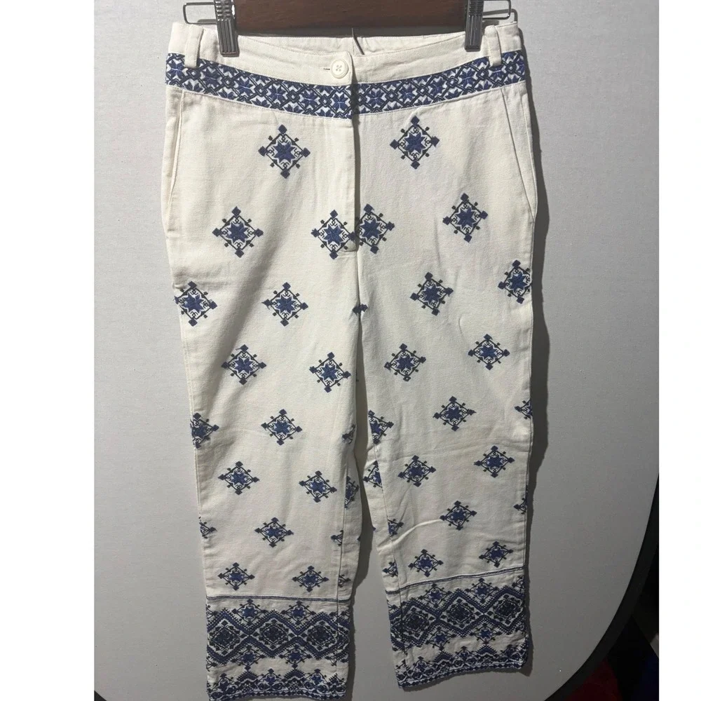 Mango White Blue Geometric Embroidered‎ Wide Leg Cropped Pants Size 4 NWT